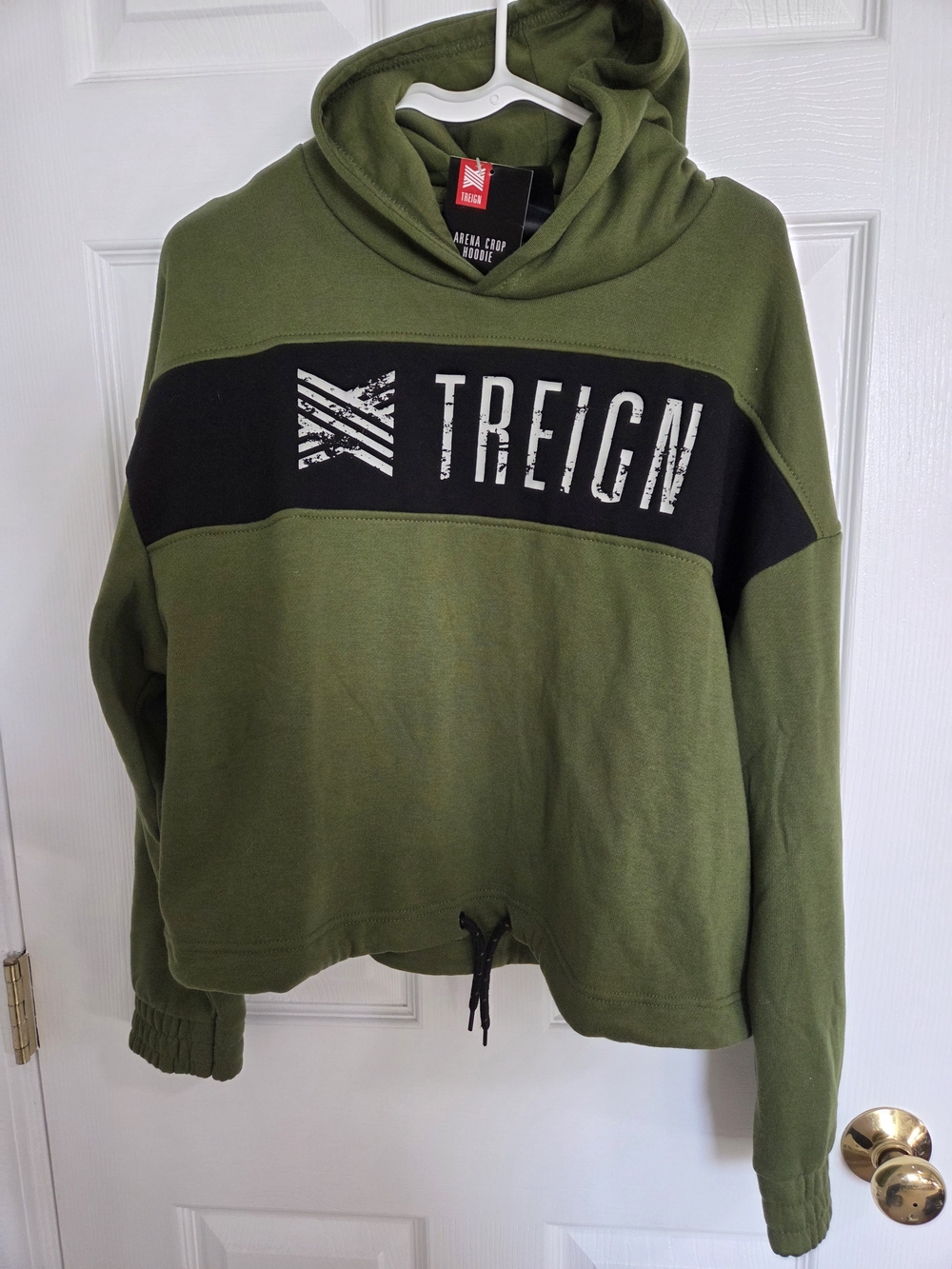 Treign Olive Green Hoodie with Black Chest Panel and White Logo